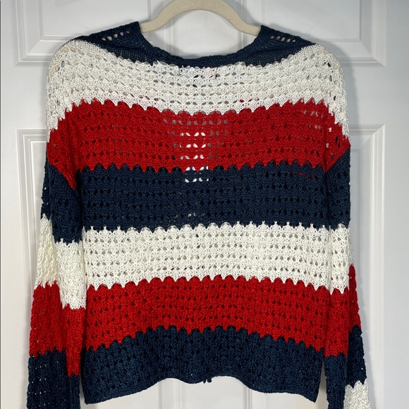 33 Degrees Americana Crochet Striped Cardigan Small Long Flare Sleeve V Neck - Picture 7 of 12